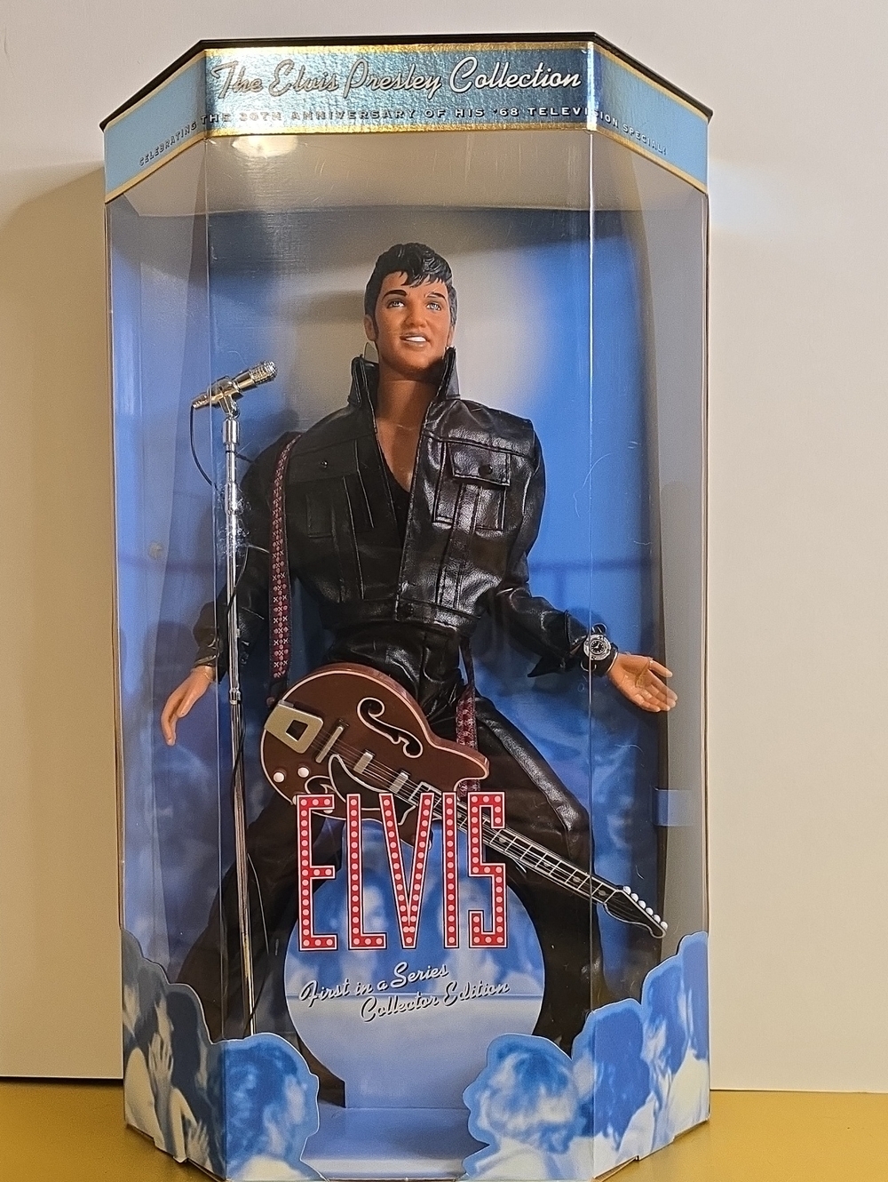 Mattel Elvis Presley Doll in Black Outfit with Brown Guitar